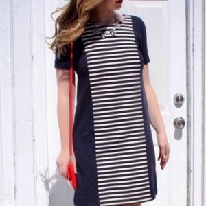 J Crew Striped Knit Shift Tshirt Dress Mini Navy Blue White Size 8 Medium